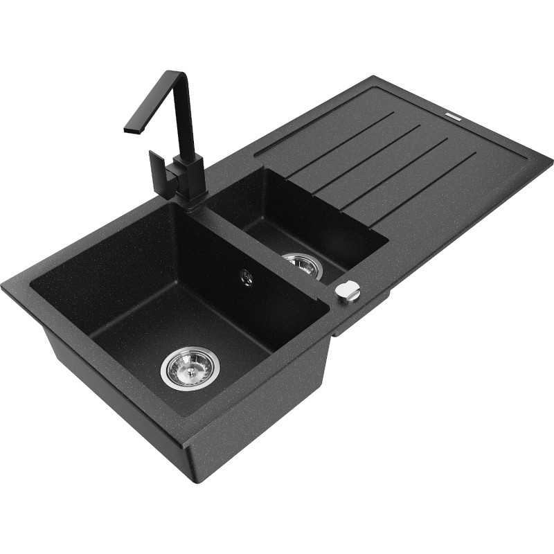 Mexen Andres granite sink 1.5-bowl with drainer and kitchen faucet Rita, black/silver metallic - 6515-73-670300-70