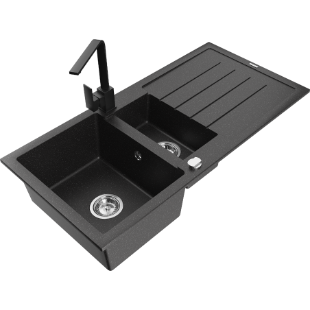 Mexen Andres 1.5-bowl granite sink with drainer and Rita kitchen faucet, black/silver metallic - 6515-73-670300-70