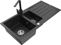 Mexen Andres 1.5-bowl granite sink with drainer and Rita kitchen faucet, black/silver metallic - 6515-73-670300-70
