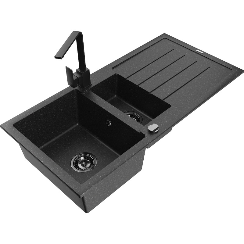 Mexen Andres granite sink 1.5-bowl with drainer and kitchen faucet Rita, black/silver - 6515-73-670300-70-B