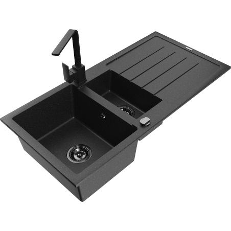 Mexen Andres 1.5-compartment granite sink with a drip tray and kitchen mixer tap Rita, Black/Silver - 6515-73-670300-70-B