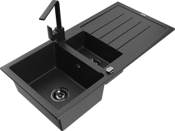 Mexen Andres granite sink 1.5-bowl with drainer and kitchen faucet Rita, black/silver - 6515-73-670300-70-B