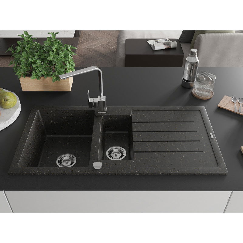 Mexen Andres granite sink 1.5-bowl with drainer and Rita kitchen tap, black/gold metallic- 6515-75-670300-00