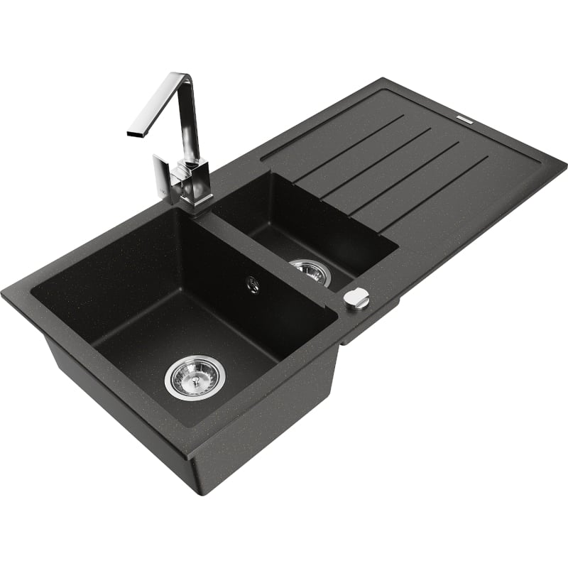 Mexen Andres granite sink 1.5-bowl with drainer and Rita kitchen faucet, black/gold metallic - 6515-75-670300-00