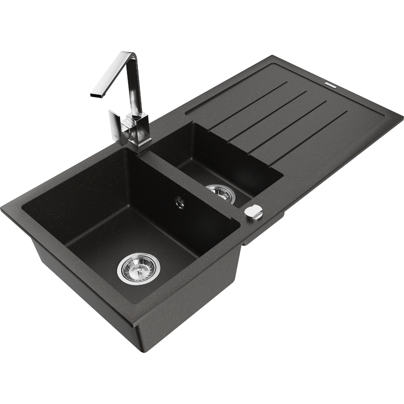 Mexen Andres granite sink 1.5-bowl with drainer and Rita kitchen tap, black/gold metallic- 6515-75-670300-00