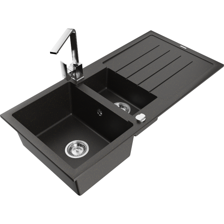 Mexen Andres granite sink 1.5-bowl with drainer and Rita kitchen tap, black/gold metallic- 6515-75-670300-00