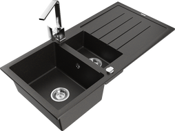 Mexen Andres granite sink 1.5-bowl with drainer and kitchen faucet Rita, black/gold metallic - 6515-75-670300-00