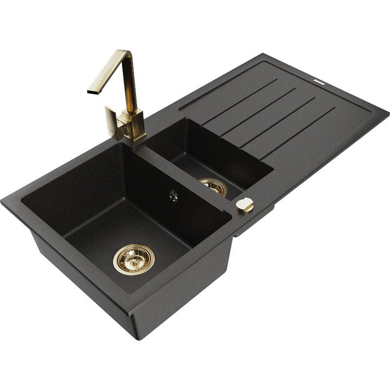 Mexen Andres 1.5-Bowl Granite Sink with Drainer and Rita Kitchen Faucet, Black/Gold Metallic - 6515-75-670300-50