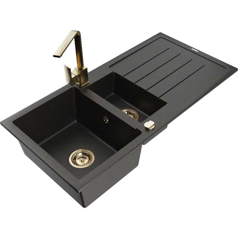 Mexen Andres 1.5-compartment granite sink with a drip tray and kitchen mixer tap Rita, Black/Gold metallic- 6515-75-670300-50