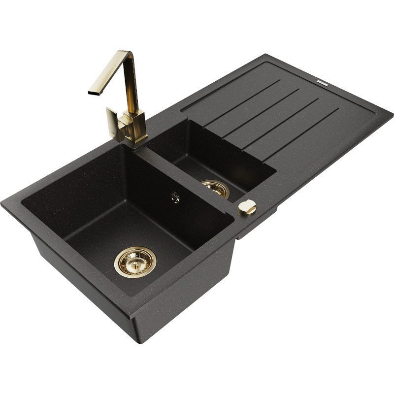 Mexen Andres granite sink 1.5-bowl with drainer and Rita kitchen tap, black/gold metallic- 6515-75-670300-50