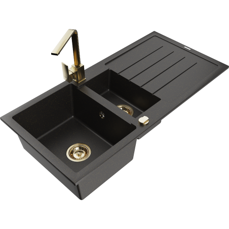 Mexen Andres granite sink 1.5-bowl with drainer and kitchen faucet Rita, black/gold metallic - 6515-75-670300-50