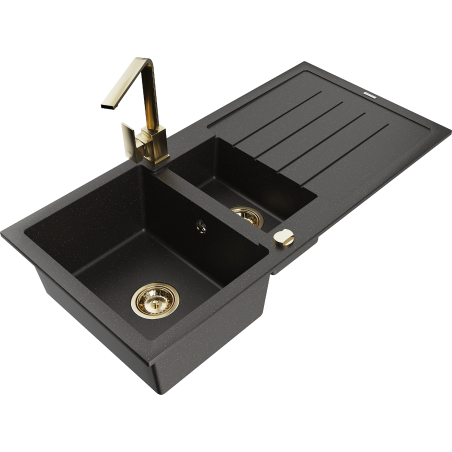Mexen Andres granite sink 1.5-bowl with drainer and Rita kitchen tap, black/gold metallic- 6515-75-670300-50