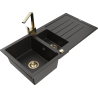 Mexen Andres granite sink 1.5-bowl with drainer and kitchen faucet Rita, black/gold metallic - 6515-75-670300-50