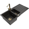 Mexen Andres granite sink 1.5-bowl with drainer and Rita kitchen tap, black/gold metallic- 6515-75-670300-50