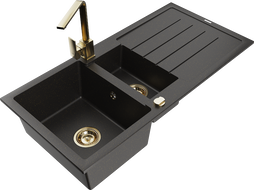 Mexen Andres granite sink 1.5-bowl with drainer and kitchen faucet Rita, black/gold metallic - 6515-75-670300-50