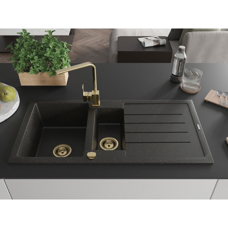 Mexen Andres granite sink 1.5-bowl with drainer and Rita kitchen tap, black/gold metallic- 6515-75-670300-50