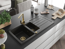 Mexen Andres 1.5-compartment granite sink with a drip tray and kitchen mixer tap Rita, Black/Gold metallic- 6515-75-670300-50