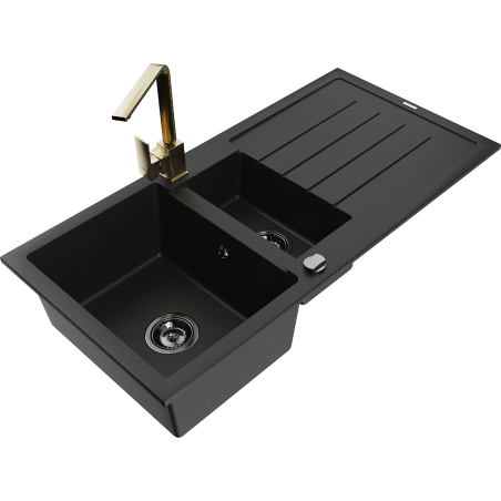 Mexen Andres 1.5-compartment granite sink with a drip tray and kitchen mixer tap Rita, Black/Gold metallic- 6515-75-670300-50-B
