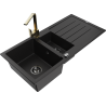 Mexen Andres 1.5-compartment granite sink with a drip tray and kitchen mixer tap Rita, Black/Gold metallic- 6515-75-670300-50-B