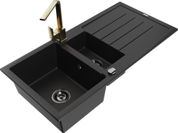 Mexen Andres 1.5-compartment granite sink with a drip tray and kitchen mixer tap Rita, Black/Gold metallic- 6515-75-670300-50-B