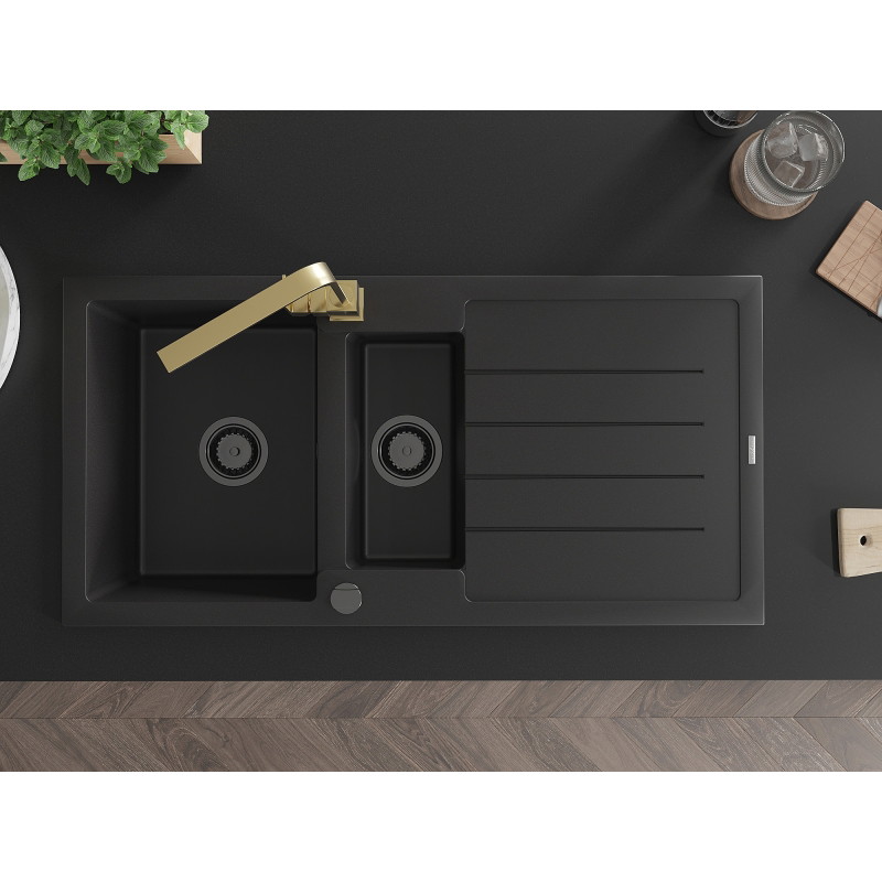 Mexen Andres granite sink 1.5-bowl with drainer and Rita kitchen faucet, black/gold metallic - 6515-75-670300-50-B
