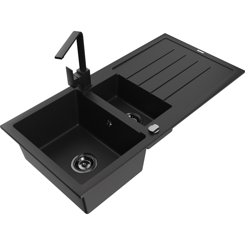 Mexen Andres 1.5-compartment granite sink with a drip tray and kitchen mixer tap Rita, Black/Gold metallic- 6515-75-670300-70-B