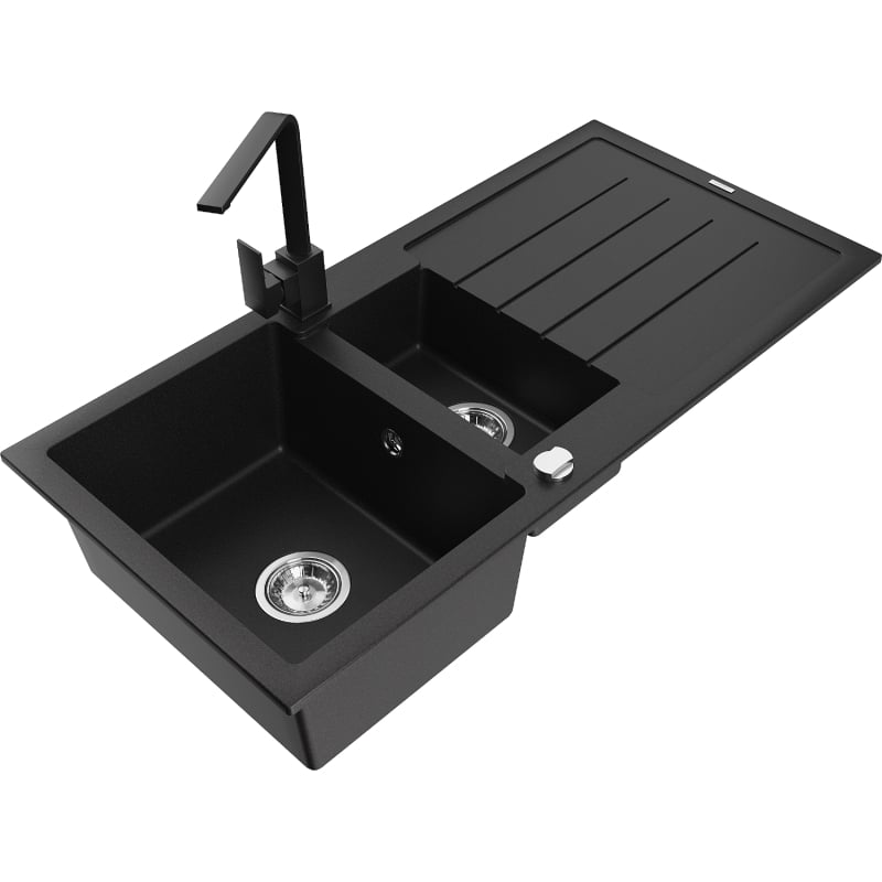 Mexen Andres granite sink 1.5-bowl with drainer and Rita kitchen faucet, black/gold metallic - 6515-75-670300-70