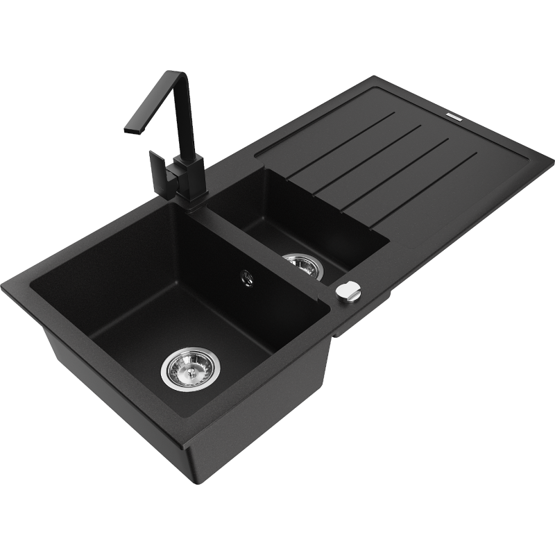 Mexen Andres granite sink 1.5-bowl with drainer and Rita kitchen tap, black/gold metallic- 6515-75-670300-70