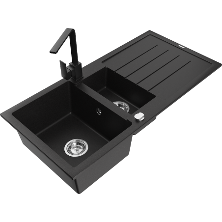 Mexen Andres granite sink 1.5-bowl with drainer and Rita kitchen faucet, black/gold metallic - 6515-75-670300-70