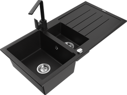 Mexen Andres 1.5-compartment granite sink with a drip tray and kitchen mixer tap Rita, Black/Gold metallic- 6515-75-670300-70