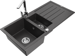 Mexen Andres granite sink 1.5-bowl with drainer and Rita kitchen faucet, black speckled - 6515-76-670300-00