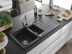 Mexen Andres 1.5-compartment granite sink with a drip tray and kitchen mixer tap Rita, spotted black - 6515-76-670300-00