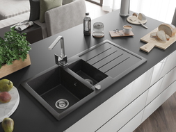Mexen Andres granite sink 1.5-bowl with drainer and Rita kitchen tap, black speckled - 6515-76-670300-00