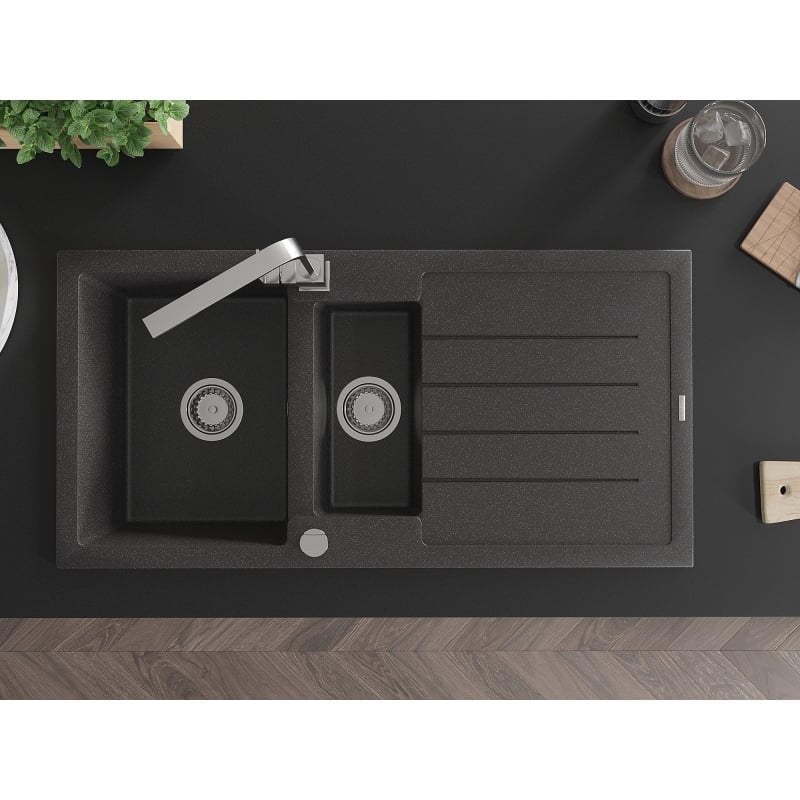 Mexen Andres granite sink 1.5-bowl with drainer and Rita kitchen faucet, black speckled - 6515-76-670300-00