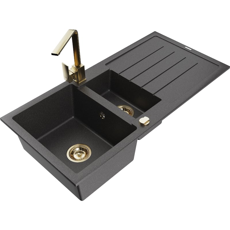 Mexen Andres 1.5-bowl granite sink with drainer and Rita kitchen faucet, speckled black - 6515-76-670300-50