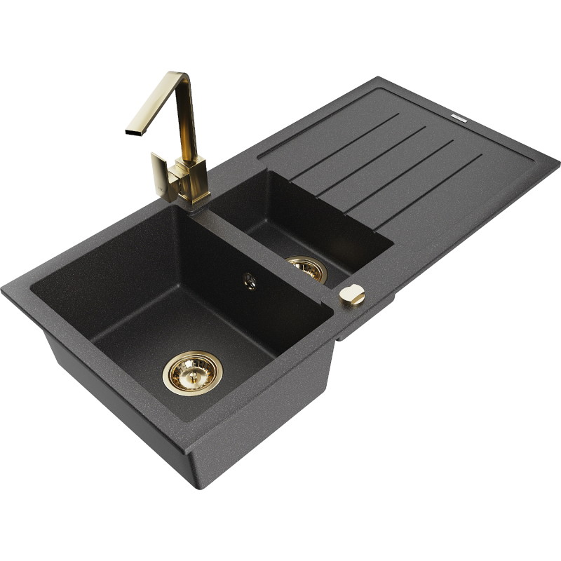 Mexen Andres granite sink 1.5-bowl with drainer and kitchen faucet Rita, black speckled - 6515-76-670300-50