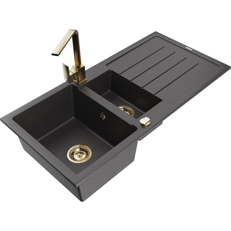 Mexen Andres granite sink 1.5-bowl with drainer and Rita kitchen tap, black speckled - 6515-76-670300-50