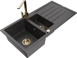 Mexen Andres granite sink 1.5-bowl with drainer and kitchen faucet Rita, black speckled - 6515-76-670300-50