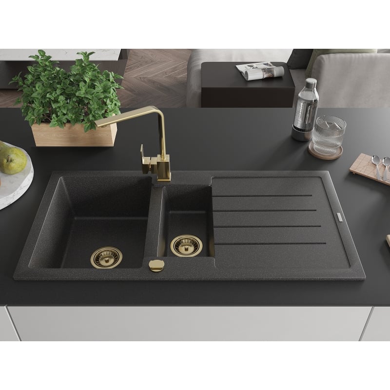 Mexen Andres 1.5-bowl granite sink with drainer and Rita kitchen faucet, speckled black - 6515-76-670300-50