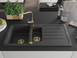 Mexen Andres granite sink 1.5-bowl with drainer and kitchen faucet Rita, black speckled - 6515-76-670300-50