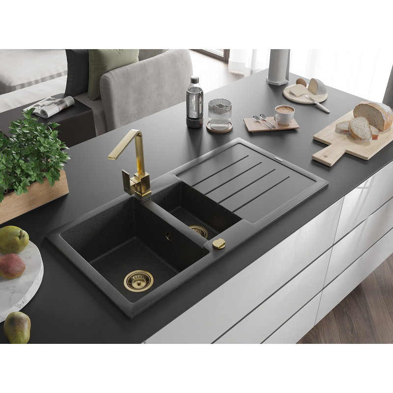 Mexen Andres 1.5-bowl granite sink with drainer and Rita kitchen faucet, speckled black - 6515-76-670300-50