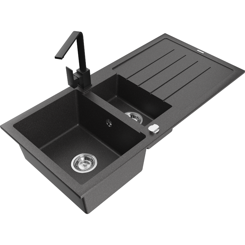 Mexen Andres 1.5-compartment granite sink with a drip tray and kitchen mixer tap Rita, spotted black - 6515-76-670300-70