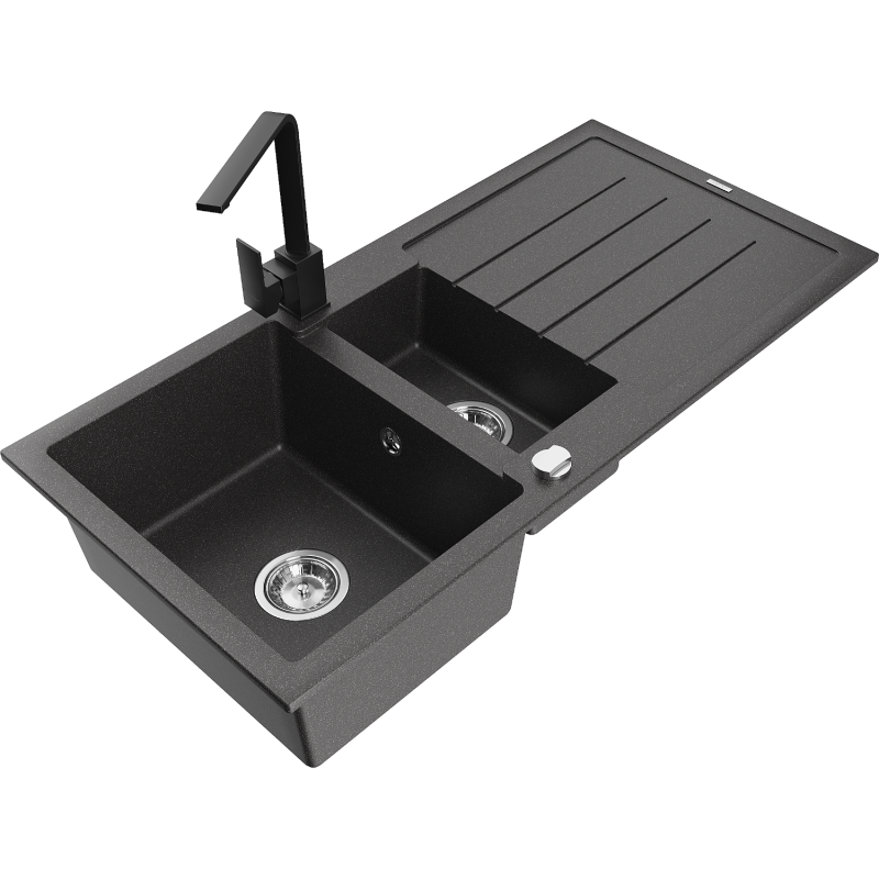 Mexen Andres granite sink 1.5-bowl with drainer and Rita kitchen tap, speckled black - 6515-76-670300-70