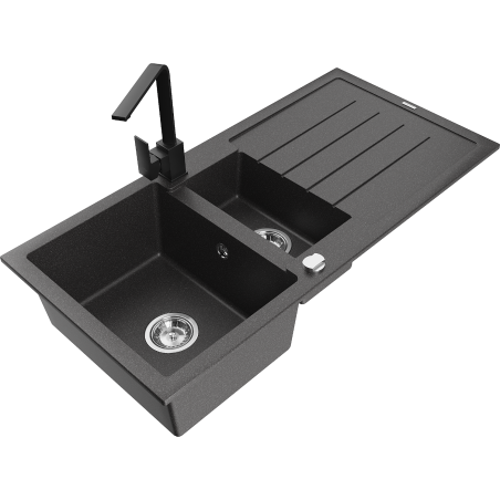 Mexen Andres granite kitchen sink 1.5-bowl with drainer and Rita kitchen faucet, black speckled - 6515-76-670300-70