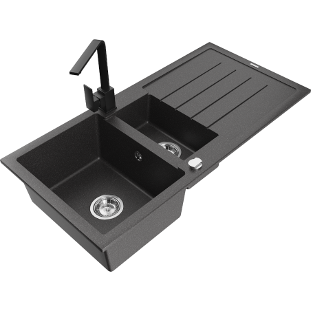 Mexen Andres granite sink 1.5-bowl with drainer and Rita kitchen tap, speckled black - 6515-76-670300-70