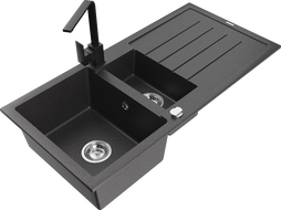 Mexen Andres granite kitchen sink 1.5-bowl with drainer and Rita kitchen faucet, black speckled - 6515-76-670300-70