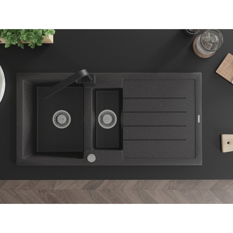 Mexen Andres granite sink 1.5-bowl with drainer and Rita kitchen faucet, black speckled - 6515-76-670300-70