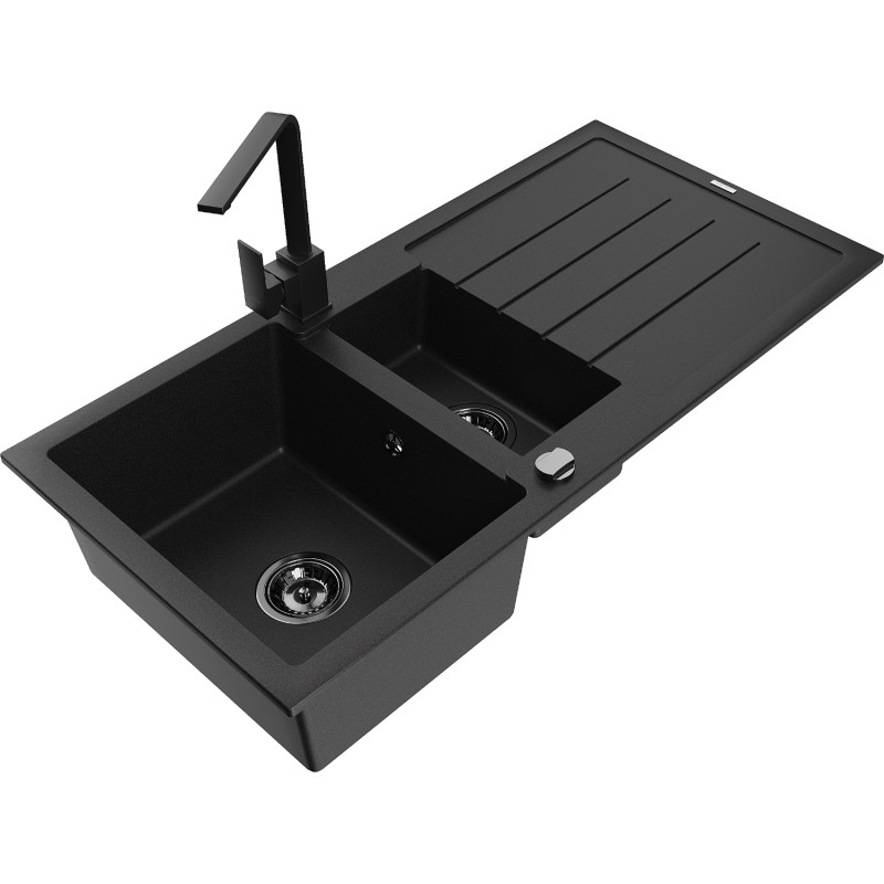 Mexen Andres granite sink 1.5-bowl with drainer and Rita kitchen faucet, black speckled - 6515-76-670300-70-B