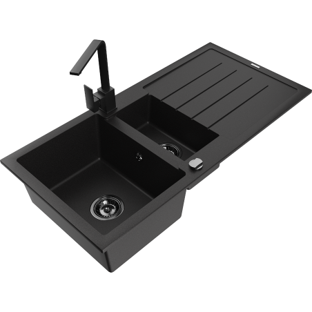 Mexen Andres granite sink 1.5-bowl with drainer and kitchen faucet Rita, speckled black - 6515-76-670300-70-B
