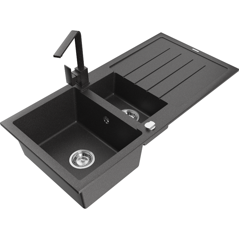 Mexen Andres granite sink 1.5-bowl with drainer and kitchen tap Rita, speckled black - 6515-76-670300-76